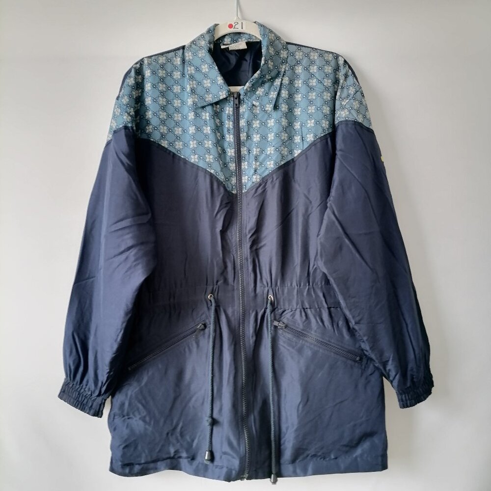 Silk Exchange Women's Blue Floral Drop Shoulder Tie-Waist Full Zip Jacket Size S